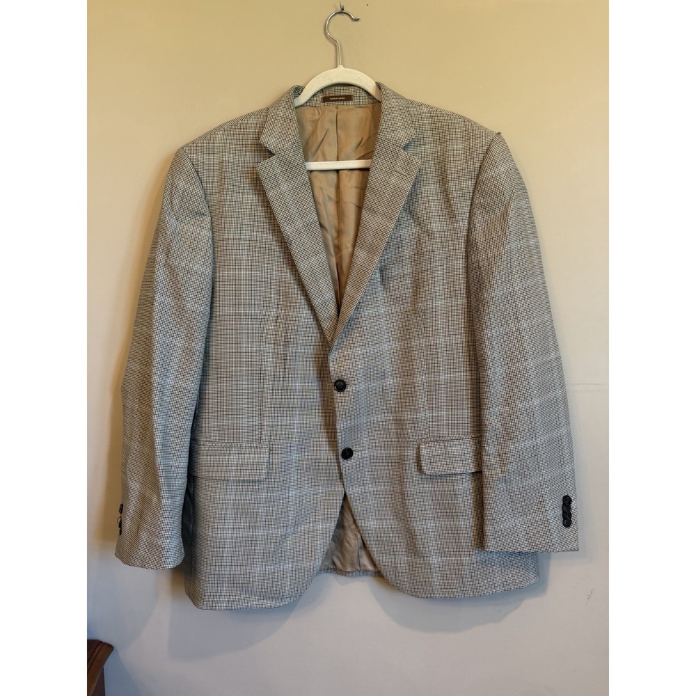 Peter Millar Houndstooth Plaid 100% Wool Windowpane Blazer Jacket Beige Men 44R